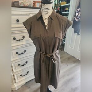 Express Olive/Brown Shirt Midi Dress with Waist Tie